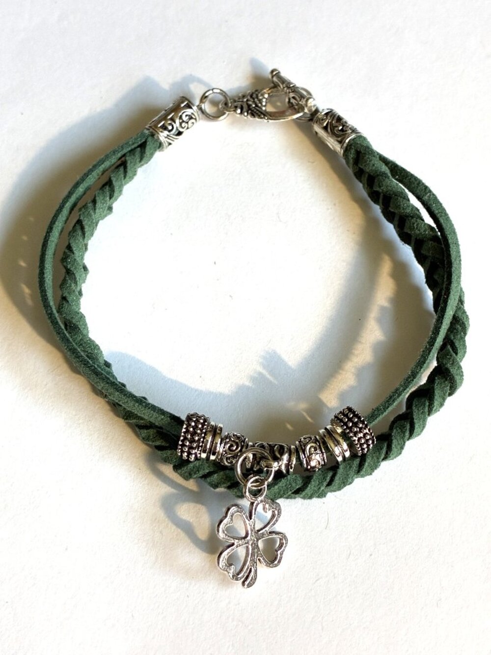 Handmade Green Suede Bracelet with Silver Clover Charm